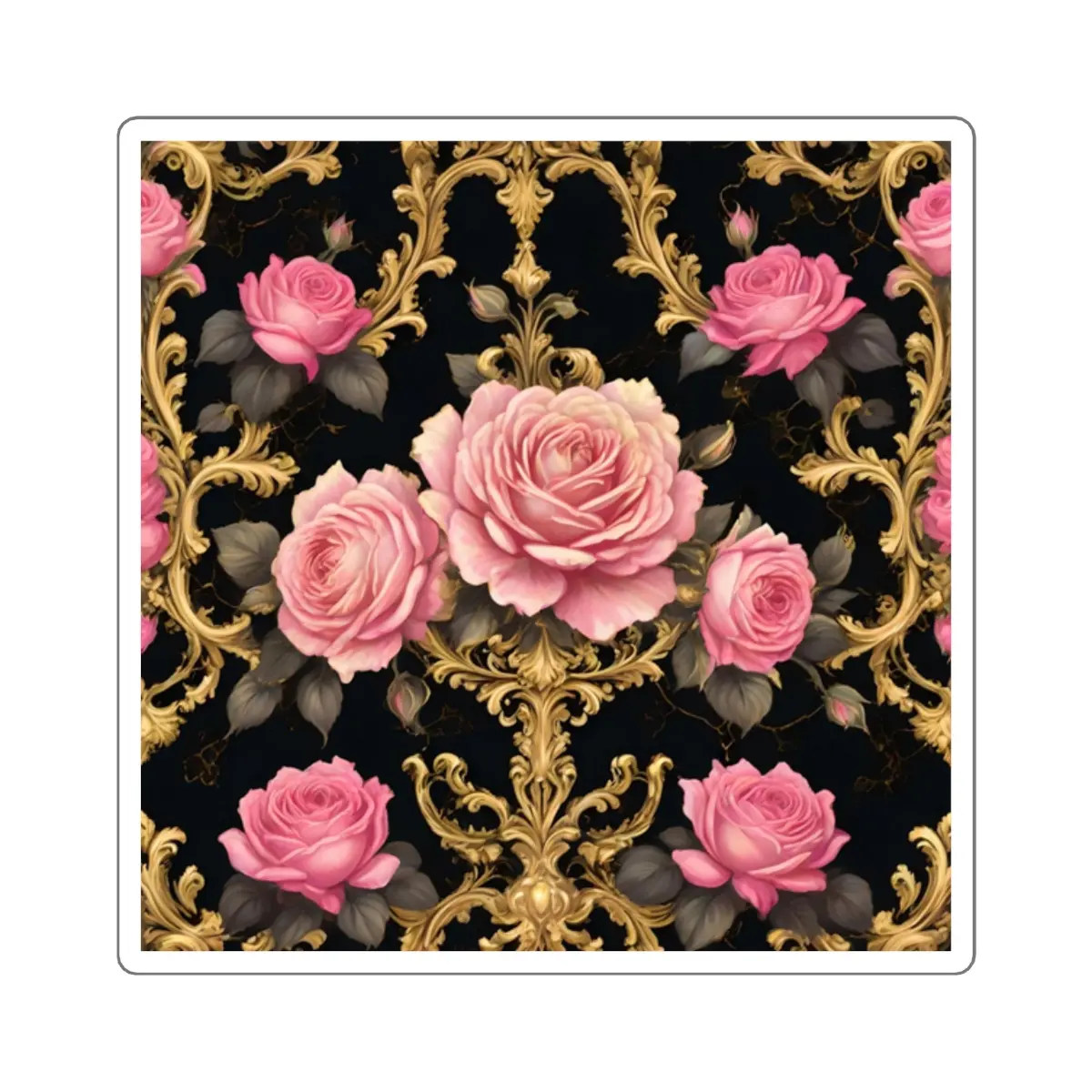 Pink Roses & Gold Rococo Square Stickers -  Four sizes to choose from, Glossy finish,  For indoor use