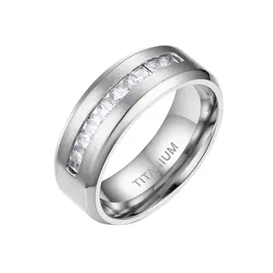 OIDEA 8mm Mens Titanium Wedding Ring Silver Cubic Zirconia Polished Comfort Fit Engagement Anniversary Promise Band Birthday Gift Set