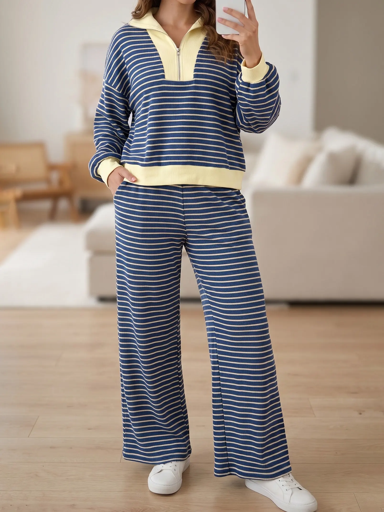 Trendy Striped Ribbed Knit Lounge Set - Women's Quarter-Zip Pullover & Wide Leg Pants 2-Piece Comfy Casual Wear