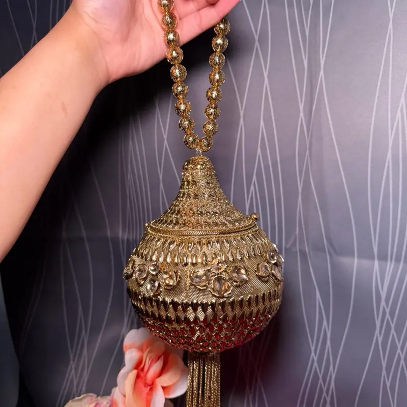 Gold-Colored Clutch Potli with Intricate Stone Work for Women's Formal Events, Parties