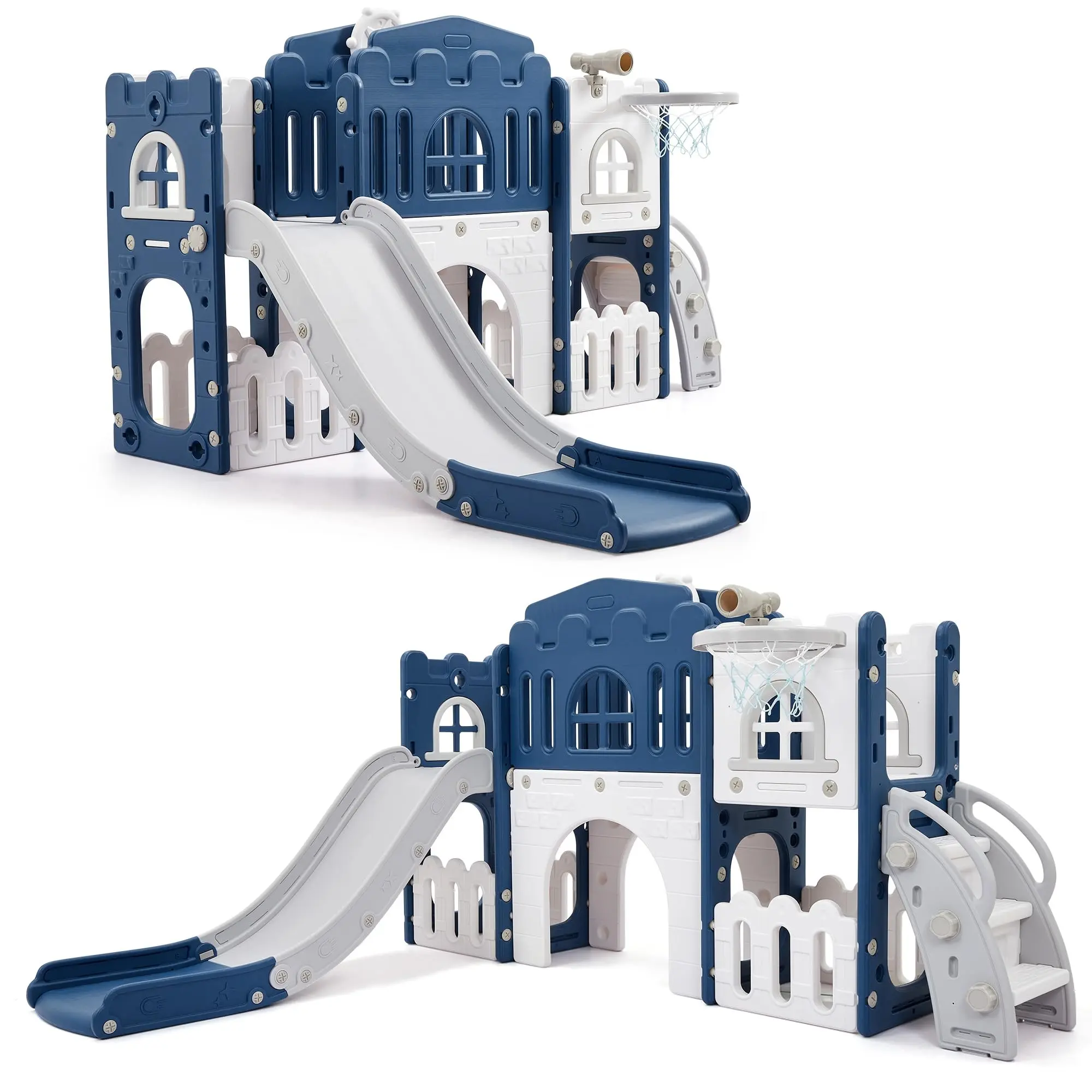 Toddler Slide 8 in 1 Toddler Playset for Toddlers Age 1-3, Baby Playset for Indoor Outdoor Playground with Climber, Crawling Tunnel, Basketball Hoop, Telescope, Toy Storage
