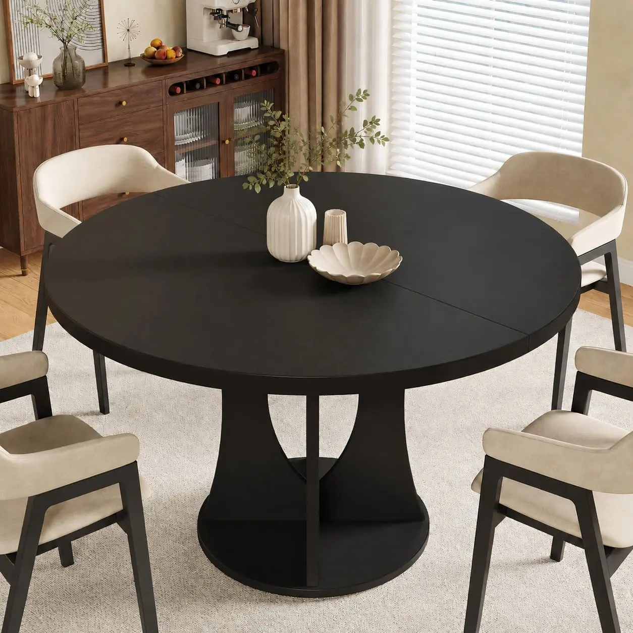 47 Inch Round Dining Table for 4-6, Modern Farmhouse Kitchen Table with Pedestal Base, Space Saving Wooden Dining Table for Small Apartment, Living Room & Kitchen, Black