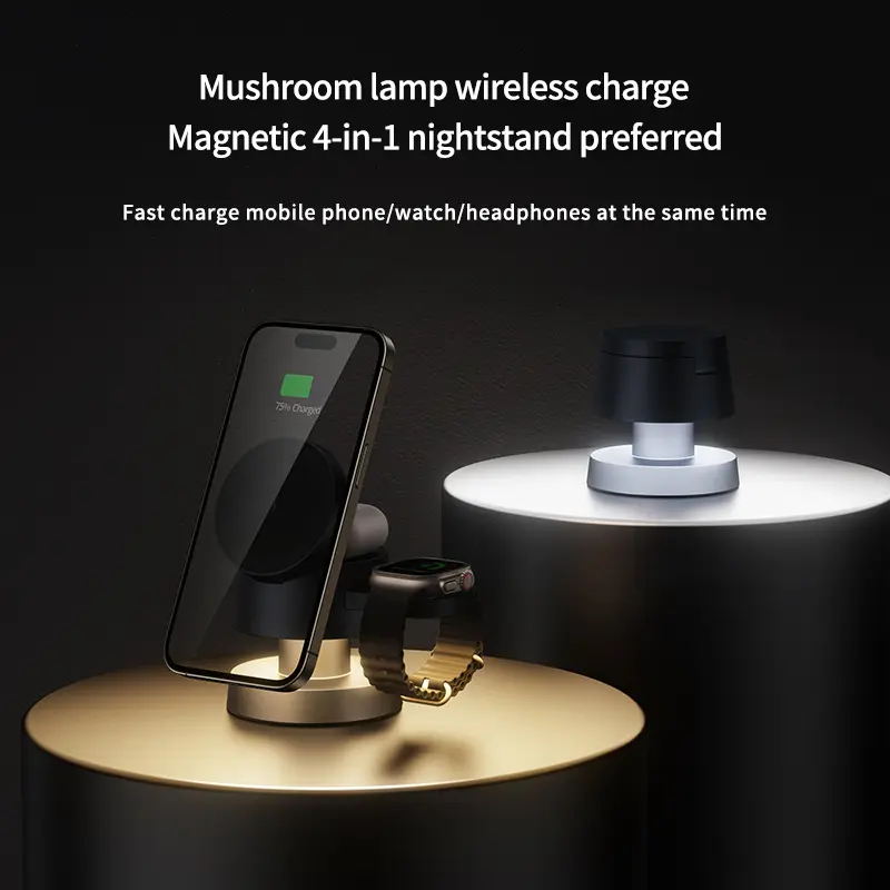 Wireless Charging Station with Cute Mushroom Night Light, 4 in 1 Fast Wireless Charger Stand for iPhone 16/15/14/13/12, Apple Watch, AirPods, Desktop Charging Dock & Bedside Lamp Gift