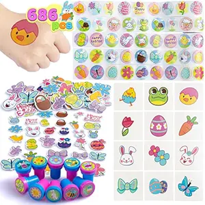 686 Pcs Easter Craft Kits with Assorted Stickers, Foam Stickers, Stampers and Temporary Tattoos for Kids Party Favors, Easter Crafts & Basket Stuffers and Classroom Homeschool Art Decor