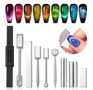 Saviland Cat Eye Magnetic for Nail: 9PCS Cat Eye Gel Nail Polish Magnet Tools Set Strong Suction Nail Magnet Nails Square Round Magnet Stick Diverse Cat Eye Effect Double Ended Nail Salon Art Tools