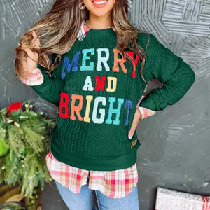 Blackish Green Merry And Bright Cable Knit Pullover Sweatshirt