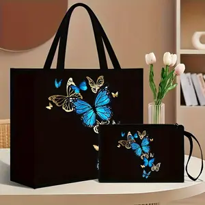 2pcs Floral & Butterfly Print Tote Bag Set with Matching Wallet – Foldable, Durable Canvas, Magnetic Snap Closure, Ideal for Shopping & Travel