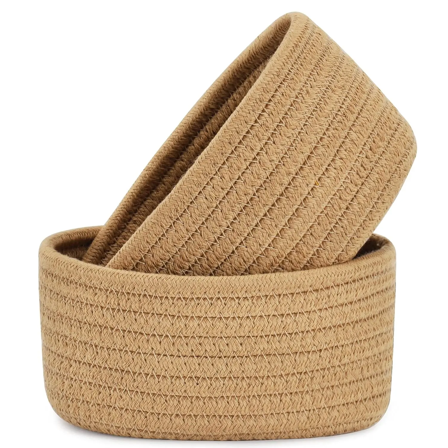 P-SBB013 【2 Pack】 Small Woven Baskets, Tiny Oval Shallow Storage Baskets, Mini Cotton Rope Empty Decorative Basket, Boho Little Organizer Bins for Bathroom, Cat Dog Toy Gifts Baskets Mixed Grey