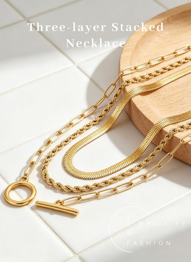 GGIRL 3 Layer 18K Gold Plated Herringbone Twisted Rope OT Toggle Clasp Paperclip Chain Necklace Stackable Set perfect for Everyday Wear,Minimally designed multiple items jewelry accessory for casual summer outfit ,ideal simple dainty gift, Elegant Dainty