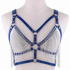 Elevate Your Festival Look with Our Premium Gothic Leather Chain Harness Bra - Perfect for Rave Attire!