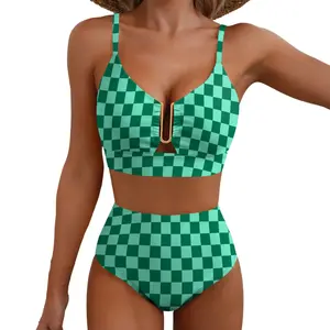 Women's Floral High-Waisted Bikini Set, Sexy Two-Piece with Removable Chest Pads, V-Neck, Adjustable Straps, Tummy Control Swimsuit, Suitable for Swimming, Beach, Summer Vacation, Fashionable Outfit thong rash guard Flowy Cross Tankini