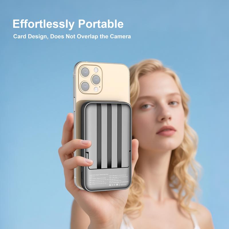 Magnetic Power Bank, 10,000mAh Wireless Portable Charger with 22.5W Max Fast Charging, Built-in USB-C and Lightning Cable, Fast Charging Battery Pack with Phone Stand for  iPhone 16/15/14/13/12/Pro/Pro Max
