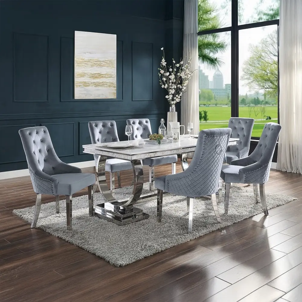 Acme 68250-64 Modern Glam 7-Piece Dining Room Furniture Set - Chrome Metal Frame, White Faux Marble Top, 6 Grey Fabric Chairs, 6 Seats, 21" x 28" x 40" H, Assembly Required for Dining Area