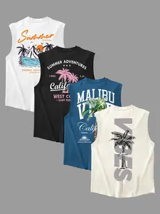 Men's Oversized Malibu Vibes Tropical Sleeveless Tee 4-Pack, West Coast Surf Graphic Tank Top, Breathable Casual Top for Beach, Streetwear, Summer Outfit, Vacation #tiktokmademebuyit