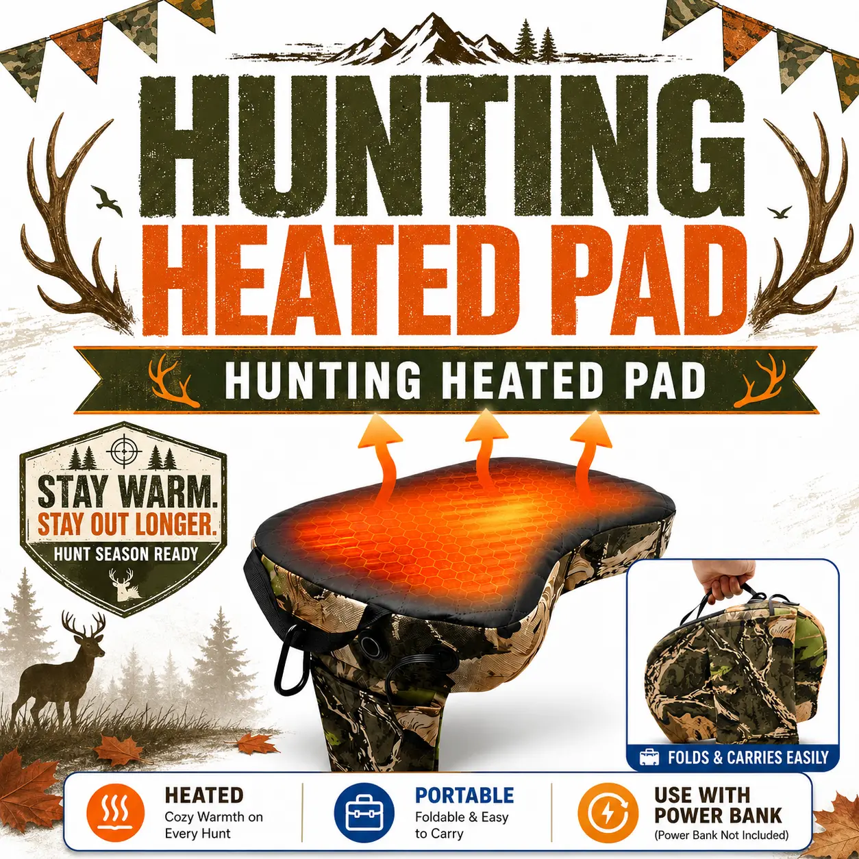 Portable Foldable Heated Hunting Seat Cushion for Dads & Adults, 3 Heat Settings, Oxford Cloth, USB-Powered, Handle-Equipped, Foldable Size, Power Bank Compatible for Hunting & Camping, Dad