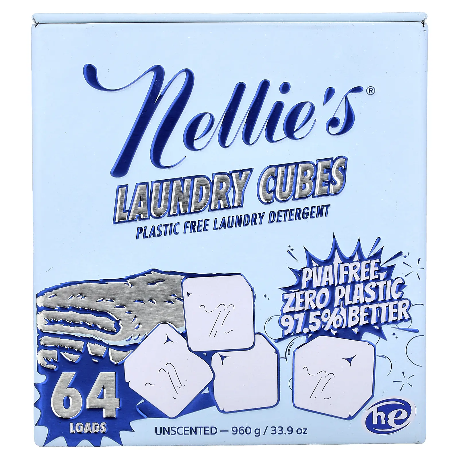 Nellie's Laundry Cubes, Plastic Free Laundry Detergent, Unscented, 64 Loads, 33.9 oz (960 g)