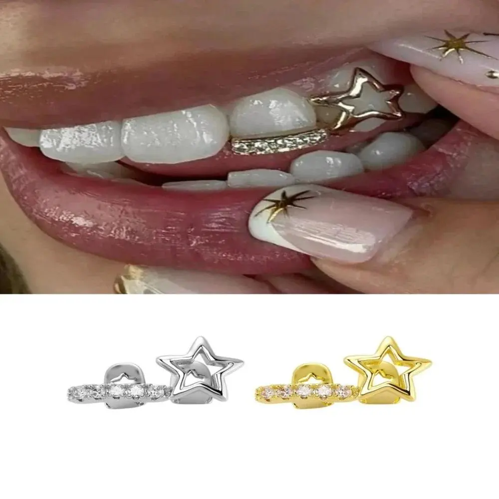 Y2K Vintage Zircon Hollow Star Grillz Teeth CZ Stone Tooth Caps Trendy Jewelry for Women And Men Christmas Gift Idea