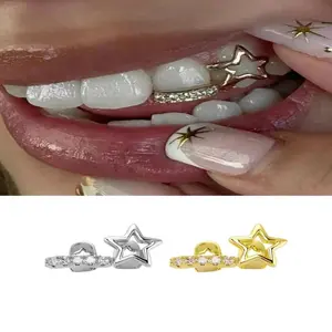 Y2K Vintage Zircon Hollow Star Grillz Teeth CZ Stone Tooth Caps Trendy Jewelry for Women And Men Christmas Gift Idea