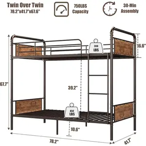 Twin Over Twin Bunk Bed, Heavy Duty Metal Bunk Bed Convertible with Safety Guardrail, Industrial Design, No Box Spring Needed