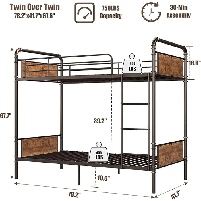Twin Over Twin Bunk Bed, Heavy Duty Metal Bunk Bed Convertible with Safety Guardrail, Industrial Design, No Box Spring Needed