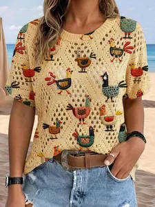 Women's Cartoon Rooster Animal Print Round Neck Short Sleeve Knit Sweater, Casual Breathable Fitted Top for Spring Summer Fall Winter