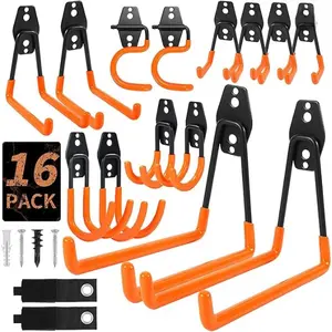 [New Deal] 16 Pack Garage Hooks Heavy Duty – Wall Mount Utility Hooks for Hanging, Garage Organization, Tool Hangers for Garage Wall, Ladder Holders, Assorted Sizes with Mounting Screws (Orange) Organiser