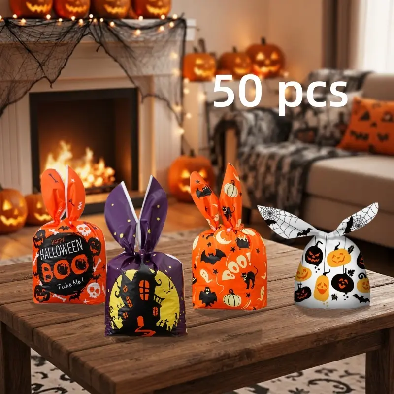 【Back to School】50 PCS Homemade EVA Adorable Bunny Ear Pumpkin Halloween Treat Bags, Disposable Plastic Multipurpose Pouches for Candy, Snack, Baking Biscuit Storage, Ideal for Kids Party, Holiday Goodie Favors-MM1
