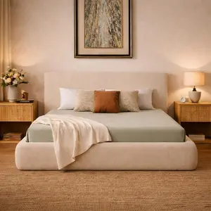 Yechen Platform Bed Frame, Upholstered Bed Frame with Headboard, 5.9" Thick Padded Cloud Bed Frame with Ribbed Chenille Fabric, Easy Assembly, No Box Spring Needed, Noise Free, Cream (Queen, King)