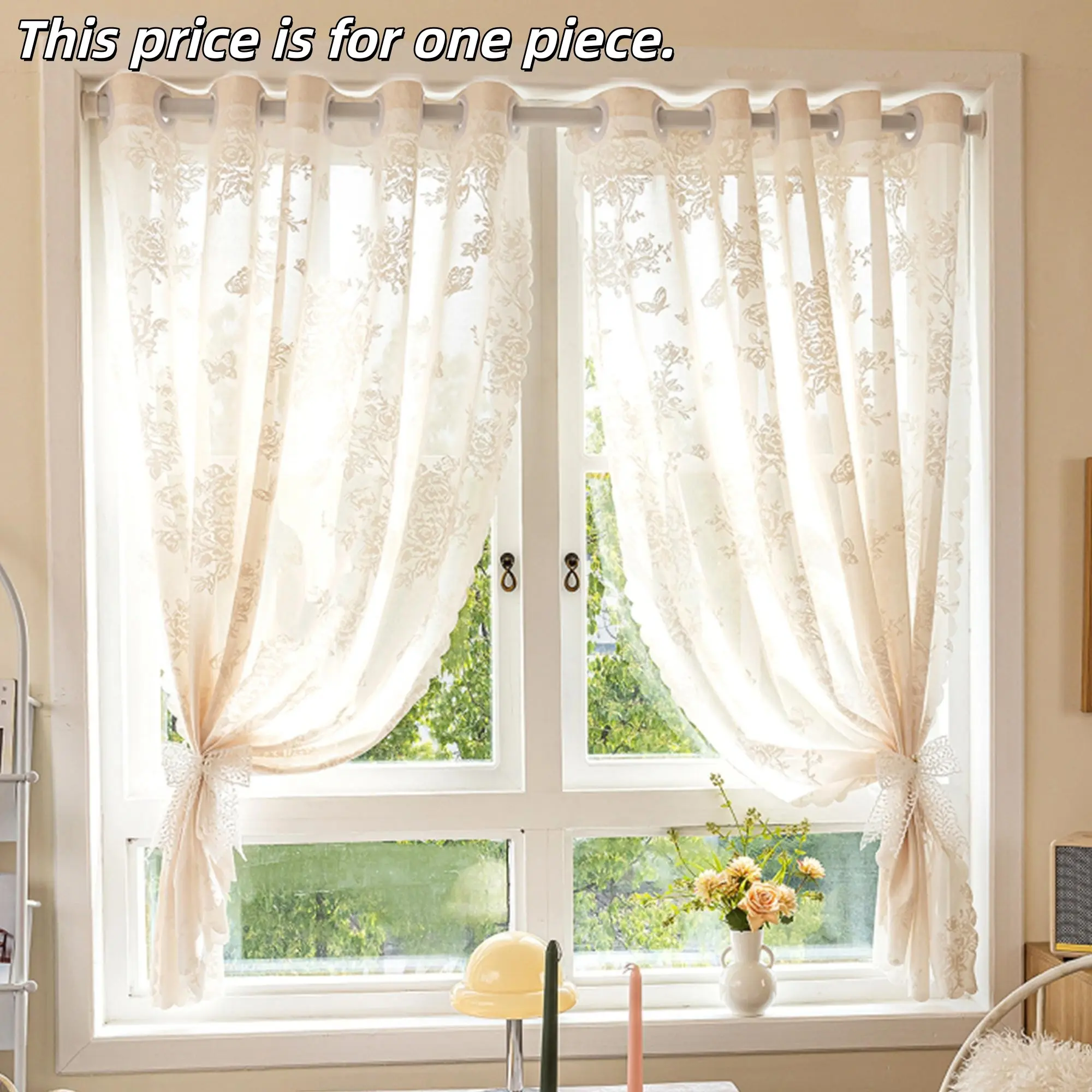 1PC Modern Simple Lace Mirror Window Curtain, Transparent Sheer, Warm Color Curtains, Filter Light Sunshade Dustproof, Floral Sheer Curtains