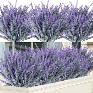 12 Bundles Fake Flowers Artificial Lavender Faux Plastic Plants Decorative Purple Flowers for Home Wedding Kitchen Garden Patio Porch Window Box Office Table Centerpieces Decor