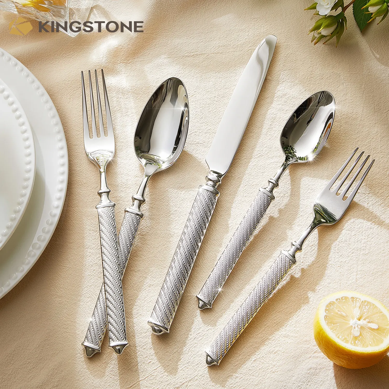 KINGSTONE Premium 18/10 Stainless Steel Flatware, Retro Rope-Pattern, Silverware Forged Handcrafted Texture Handles, Dishwasher Safe, Corrosion-Resistant Plastic-Free Tableware Dinnerware Service Set, Model 9912