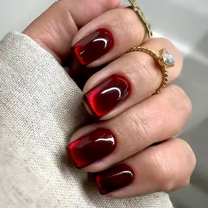 Pure Color Blood Cat Eye Nail Art, European Style Short Wearable Nails, Fashion Manicure Tips for Women