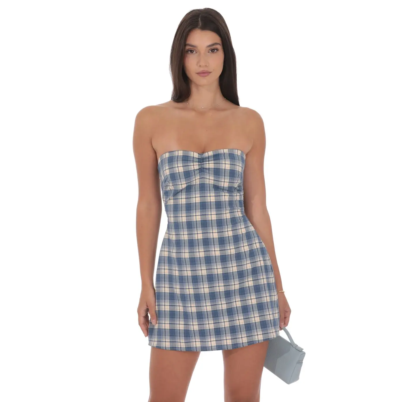 Lucy In The Sky Strapless Plaid Dress in Blue - TikTok Shop