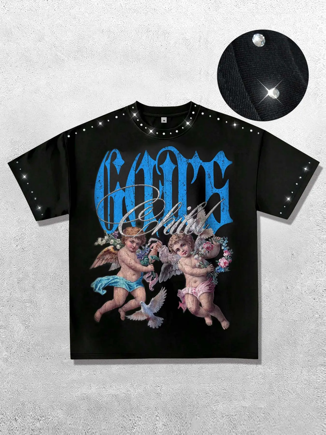 Father's Day gift for dad, GOD angel print men's T-shirt, rhinestone collar summer men's cotton short sleeve, street style classic Streetwear fashion trendy brand unisex American retro shirt T-shirt