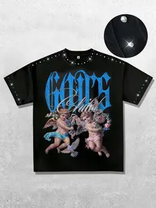 Father's Day gift for dad, GOD angel print men's T-shirt, rhinestone collar summer men's cotton short sleeve, street style Streetwear fashion trendy brand unisex American retro shirt T-shirt