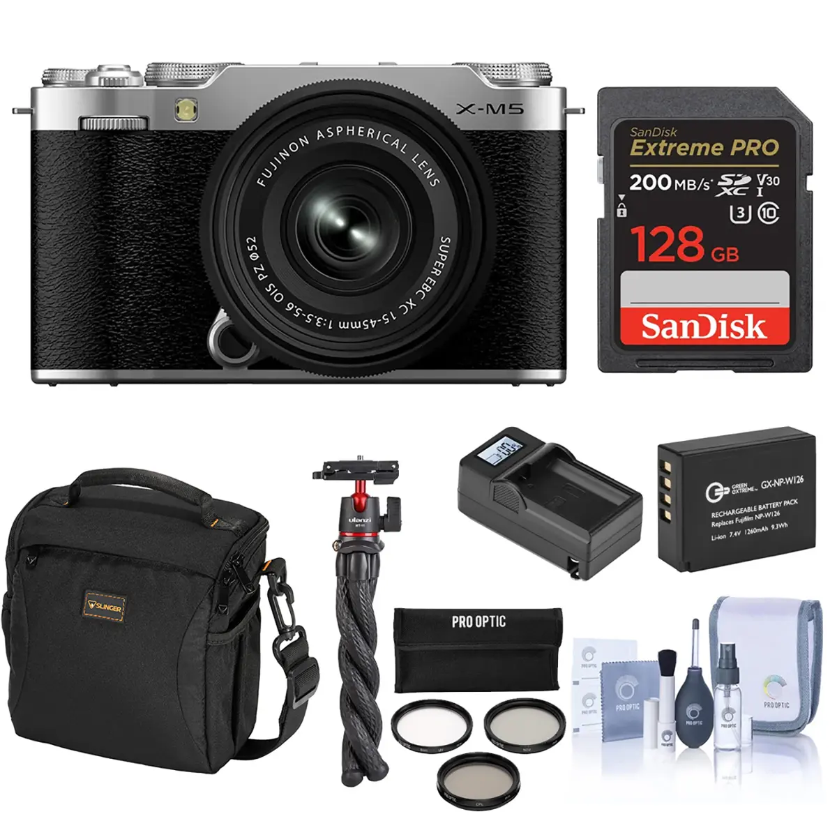 Fujifilm X-M5 Mirrorless Camera with XC 15-45mm f/3.5-5.6 OIS PZ Lens, Silver, Bundle with 128GB Memory Card, Extra Battery, Tripod with Ball Head, 52mm Filter Kit