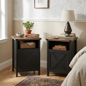 Wooden Farmhouse Nightstand 2 Pack, Bedside Table with Cabinet & Open Shelf Design, Small Side End Table Suitable for Bedroom Living Room, Classic Home Furniture Night Stand in White Black Grey Blue Light Oak Dark Oak