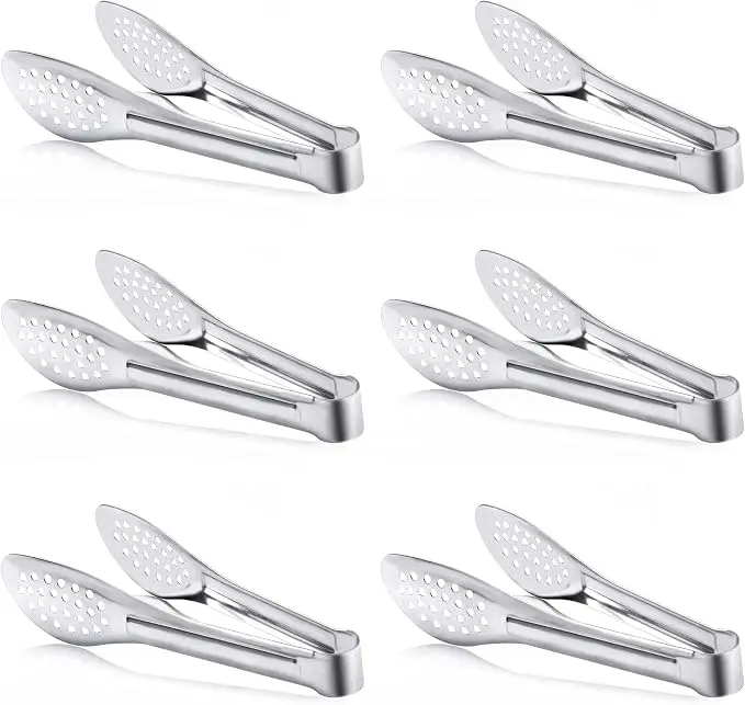6pcs 7-Inch Mirror Polish Stainless Steel Serving Tongs Set - Tong Shape, Non-Slip Handle, Mesh Grid, Drain Holes, Dishwasher Safe, Durable Dinnerware, BBQ Tools, Grilling Accessories for Buffets, Salad