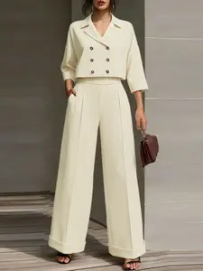 ZANZEA Women's Casual Fit Set, Seven-Quarter Sleeve Street Style Blazer Neck Short Design with Buttons, Long Pants, Perfect for Everyday Suits