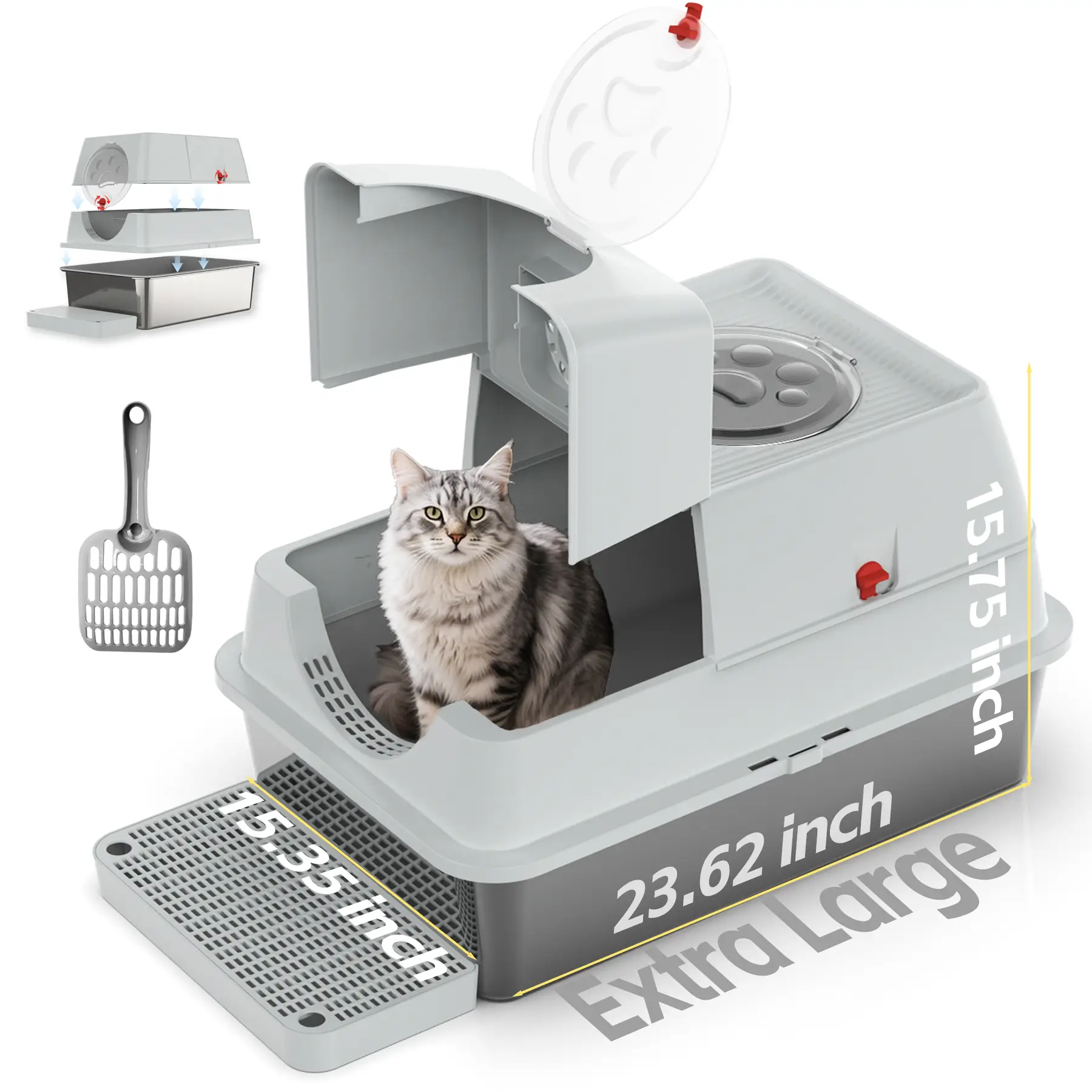 ZVRPET Large Cat Stainless Steel Litter Box with Lid Top Entry Metal Pan Tray with High Wall Sides Design Non-Sticky Anti-Leakage Easy Cleaning Inclu