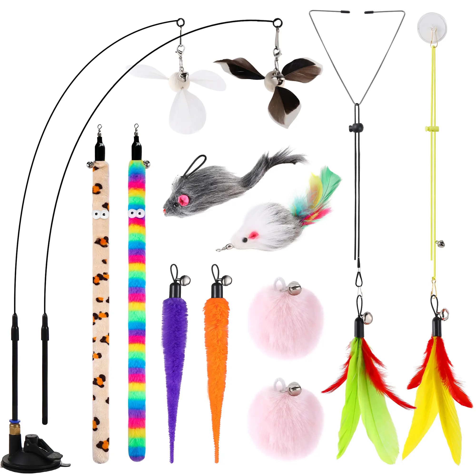 4-in-1 Interactive indoor Cat Feather Toys - 12Pcs Durable Fishing Pole Cat Feather Toy Replacements - Enhanced Suction Cup Cat Wand Toy - 2 Types Doo