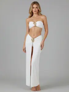 Women's White Bandeau Two Piece Swimsuit Set 2026 Gold Shell Accent High Slit Maxi Skirt Cover Up Beach Vacation Outfit