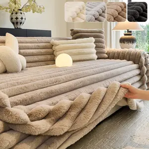 Rabbit Fur Plush Sofa Throw Blanket, 1 Count Thick Fluffy Couch Cover Throw, Sofa Protector for Dogs Cats, Machine Washable Anti-Scratch Furniture Cover, Sectional L Shape Chaise 1/2/3/4 Seater Living Room Decor