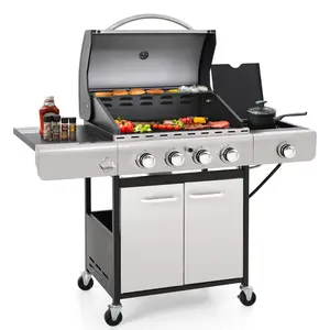 Phivilla 4-Burner Propane Gas BBQ Grill with Side Burner and Porcelain-Enameled Cast Iron Grates, Stainless Steel Barbecue Grills Outdoor Cooking, Silver Cabinet Style, 42,000BTU