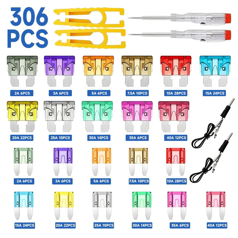 306-Piece Standard & Mini Blade Fuse Assortment Kit - Automotive Fuse Set with Puller, Storage Case, Circuit Test Probe for Vehicles, Motorcycle Accessories, Workshop Use (Multiple Amp Range)