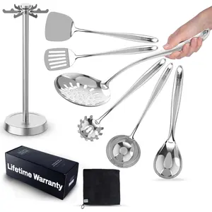 (R) Stainless Steel Utensil Tools Set with Holder Stand - Spatula, Spaghetti Server, Draining spoon, Serving spoon, Ladle, and Skimmer Spoon | Dishwasher Safe, Mirror Polished