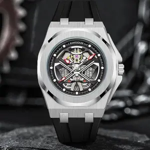 Luxury Skeleton Watch, Silver Stainless Steel Case, Black Rubber Strap, Automatic Movement
