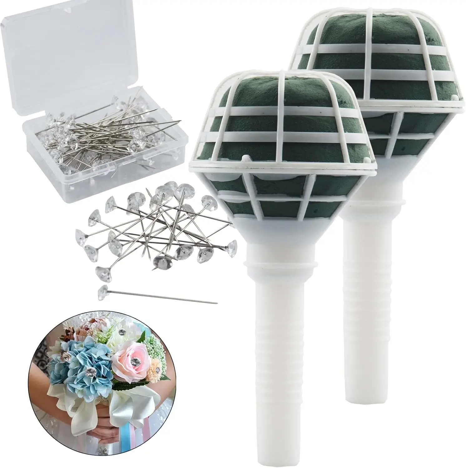 2pcs 7.1" Bridal Bouquet Stand, Wedding Bridal Bouquet Holder Foam Flower Handles (Green+White) With 50pcs Bouquet Pin Brooch Flower Pin Teardrop Pearl Head Pin for Bride Artificial Flower