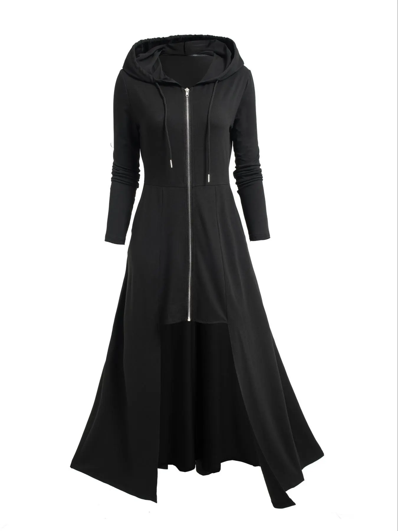 Women's Solid Zip Up Hooded Coat, Regular Fits Casual Long Sleeve High Low Drawstring Pocket Outerwear Jackets for Spring & Fall, Casual Wear, Women's Clothing for Daily Wear, Everyday Jackets
