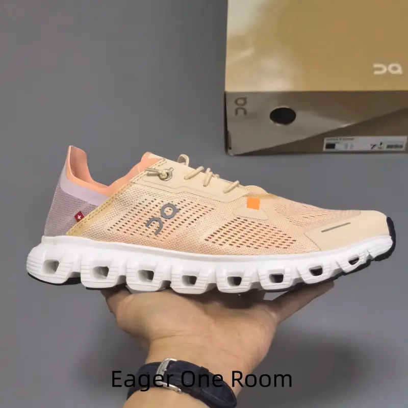 Warm peach nude breathable mesh women’s running shoes with iconic hollow white cloud cushion & light purple heel detail, soft feminine silhouette fits workout, office commute and all daily casual outfits
